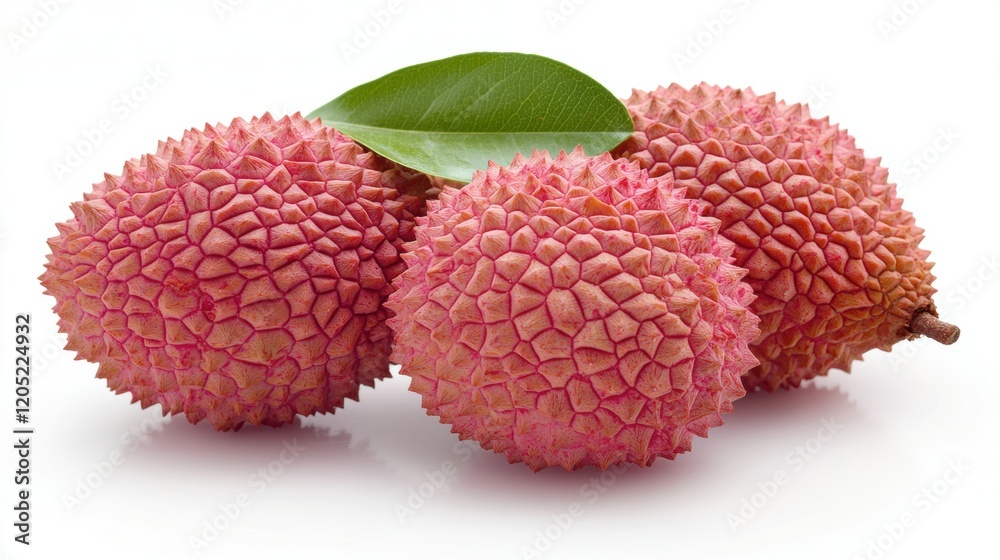 Fresh Lychee Fruits with Green Leaf on White Background Fresh Lychee Fruits with Green Leaf on White Background