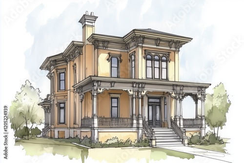 A beautifully illustrated Victorian Italianate house style featuring ornate architectural details, large windows, and a welcoming front porch. The house is set in a lush green landscape with trees. photo