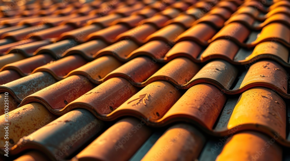 roof tiles. Varied colors and antique patina are emphasized, emulating a cast bronze surface with a hyperrealistic focus roof tiles. Varied colors and antique patina are emphasized, emulating a cast bronze surface with a hyperrealistic focus