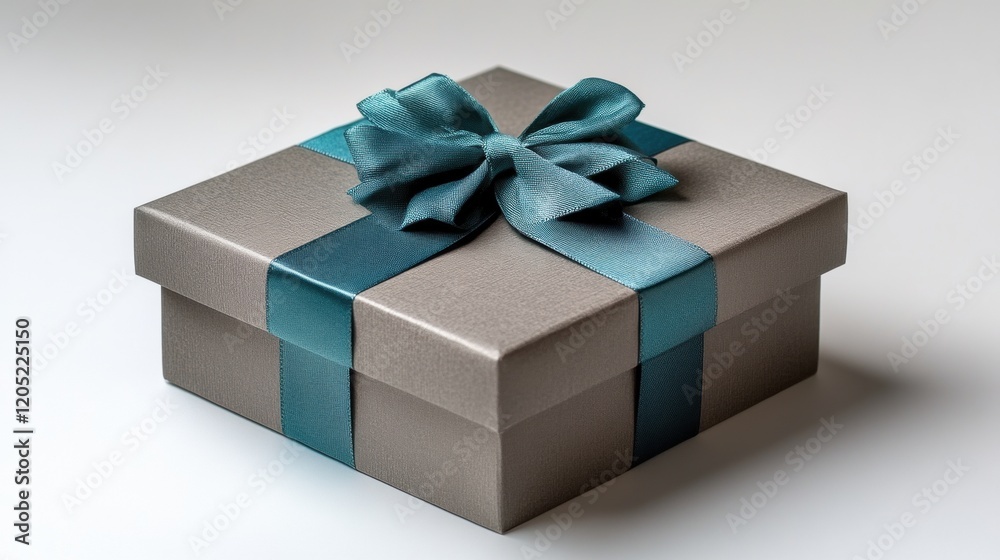 Obraz premium Elegant Gray Gift Box with Teal Ribbon and Bow on White Background