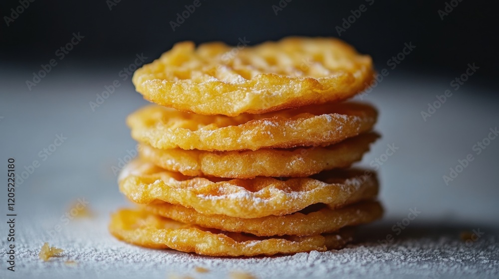 Stack of Crispy Golden Waffle Cookies with Powdered Sugar Stack of Crispy Golden Waffle Cookies with Powdered Sugar