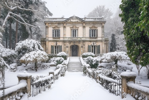 A beautiful historic Italianate house style mansion surrounded by snow-covered gardens. The house features classical architecture with ornate details, and the pathway is lined with snow-laden. photo