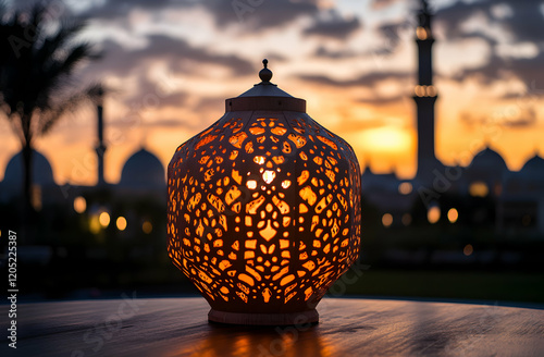 Illuminated Lantern at Sunset Mosque photo