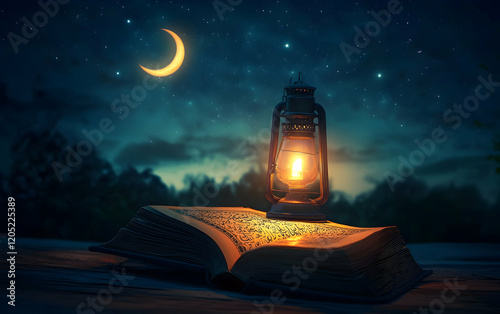 Serene Night: Illuminated Quran and Oil Lamp Under Starlit Crescent Moon photo