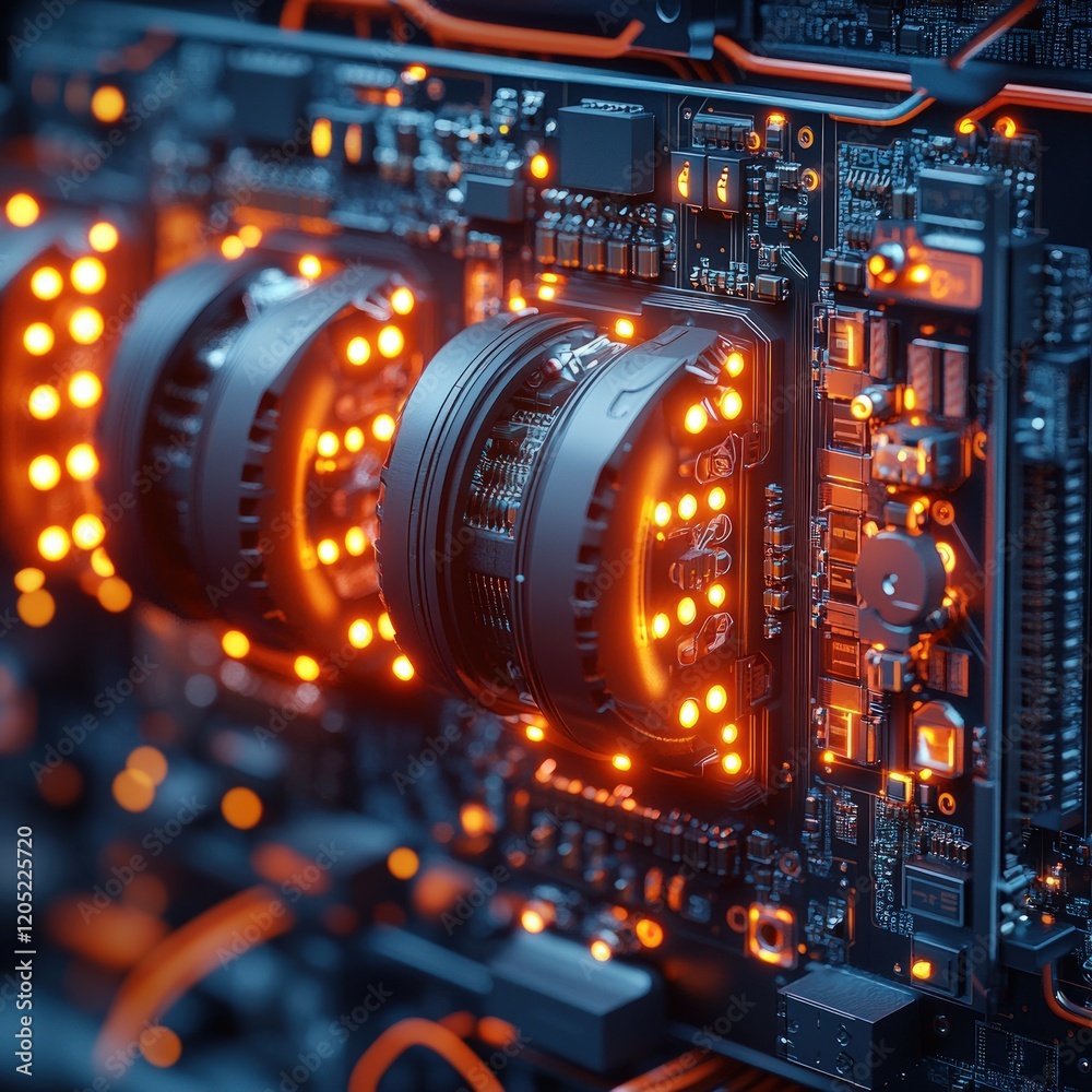 Futuristic circuit board with glowing components. Futuristic circuit board with glowing components.