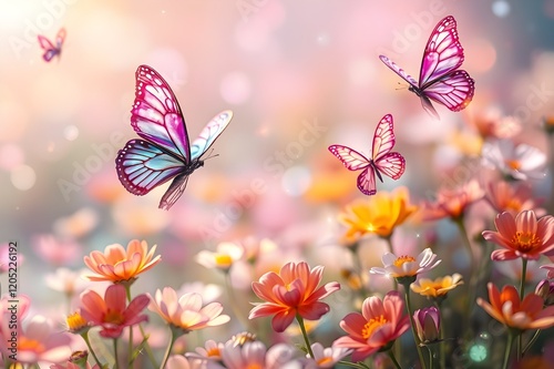 Wallpaper Mural Colorful butterflies flying in a mysterious forest full of colorful flowers. Fairy tale concept.
 Torontodigital.ca