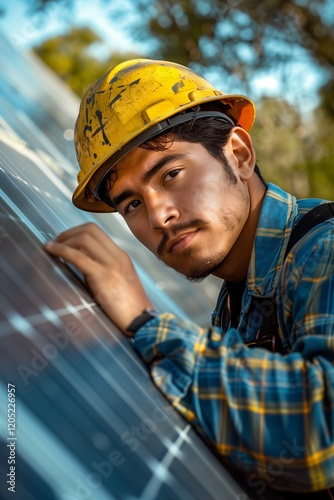 A worker carefully installs solar panels under the sun with a focused expression. photo