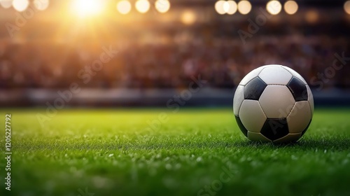 A classic black-and-white soccer ball resting on a vivid green field, with a blurred stadium crowd and glowing lights in the background