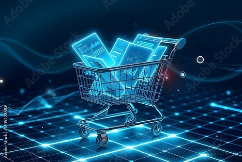 A shopping cart full of digital documents. automated invoice and receipt management concept.
