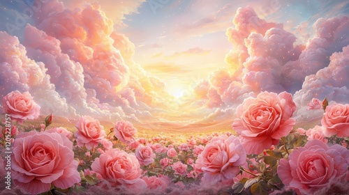 Wallpaper Mural Landscape art print of a Beatrice rose field, bursting with vibrant hues of pink and cream, framed by gentle hills and golden light. High-resolution. Torontodigital.ca