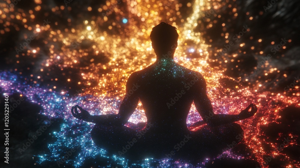 A meditative figure in a lotus position emitting multicolored auras symbolizing energy channels flowing through the body. A meditative figure in a lotus position emitting multicolored auras symbolizing energy channels flowing through the body.
