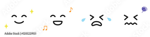 かわいい手描き風の笑顔や泣き顔などの表情アイコンセット