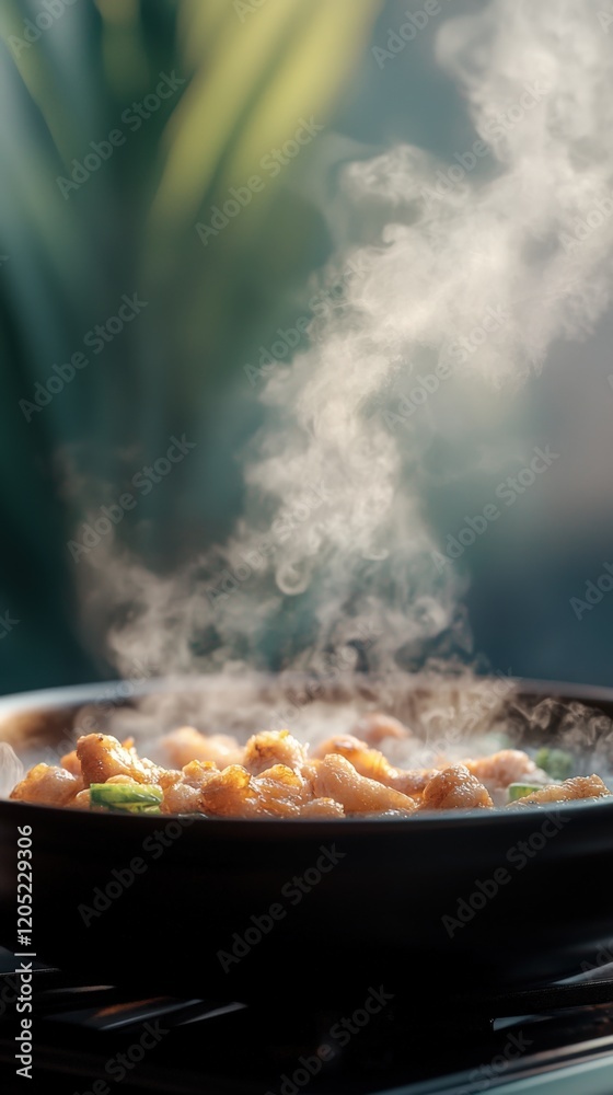 Chicken Saute In Pan With Steam, Close Up, Food Photography, Warm, Generated AI Chicken Saute In Pan With Steam, Close Up, Food Photography, Warm, Generated AI