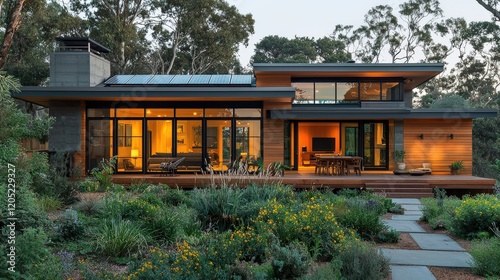 Modern eco-friendly home with solar panels on the roof, large windows that allow for natural light, and a flourishing garden of native plants, showcasing sustainable living.