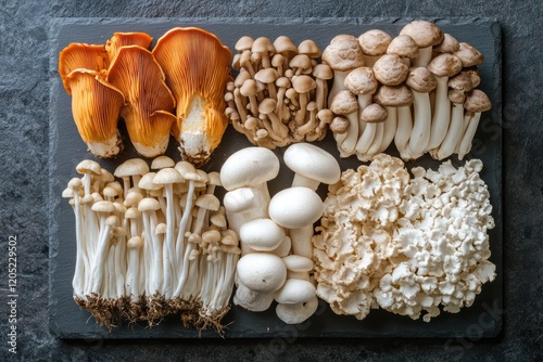 Exotic Mushrooms Display - A variety of unique mushrooms like shiitake, oyster, and enoki artistically presented on a slate board.