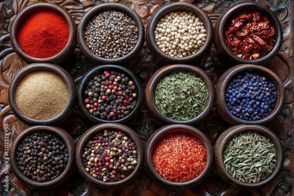 Exotic Spice Collection - A variety of exotic spices arranged in small bowls or containers. Exotic Spice Collection - A variety of exotic spices arranged in small bowls or containers.