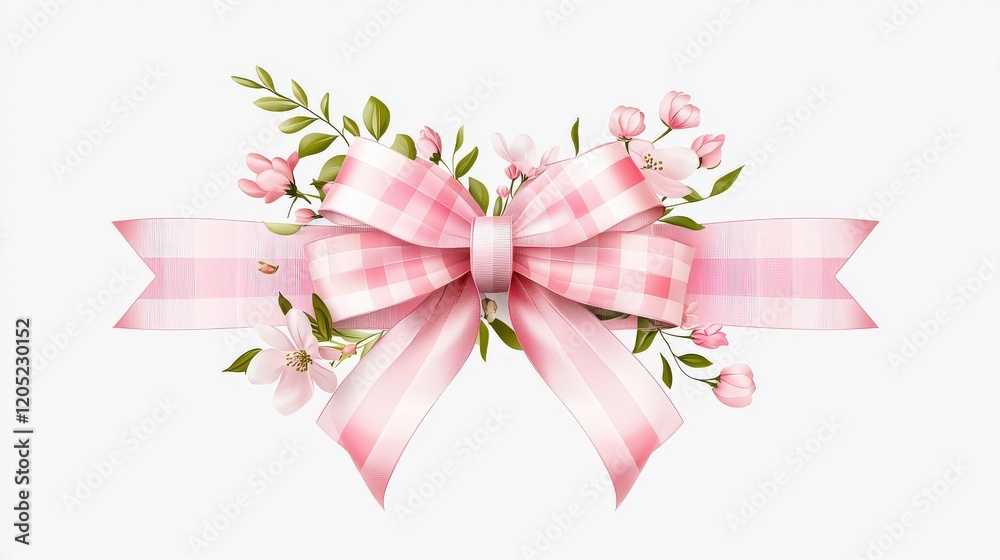Fototapeta premium Vector clipart of a pink checkered ribbon bow, styled in a coquette fashion on a white background. High-resolution focusing on the precise checkered pattern and gentle curves.