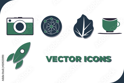 Modern Vector Icon Set in Minimalist Design. A set of five sleek vector icons featuring a camera, network, leaf, coffee cup, and rocket. Each icon is designed in a clean, minimalist style with a green