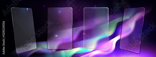 Glassmorphism screen smartphone. Transparent matt glass plates on the northern lights background in the night starry sky. Aurora Borealis