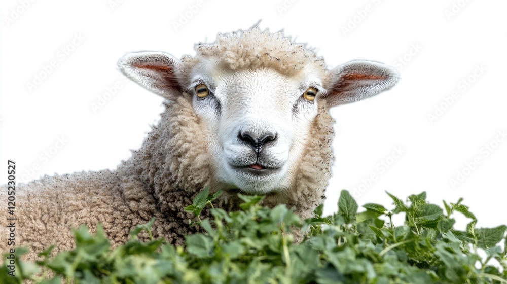 Naklejka premium A close-up of a sheep surrounded by greenery, showcasing its features and expression.