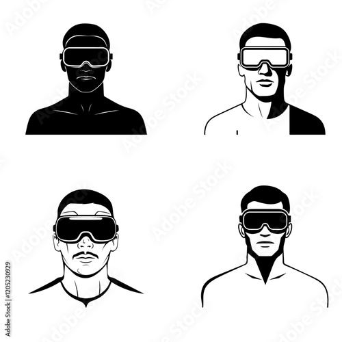 Portraits of men wearing virtual reality goggles. Set of monochrome vector sketches of face silhouettes