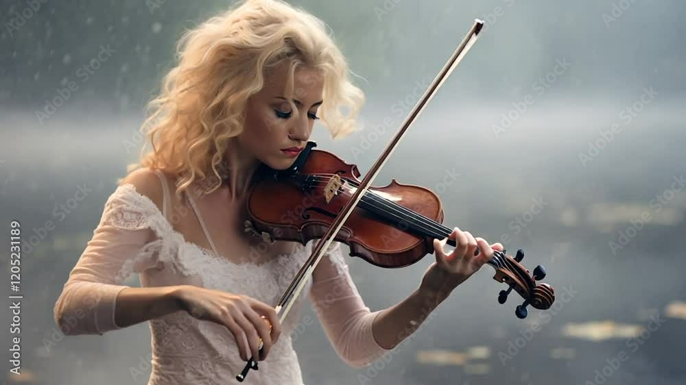 Woman playing violin in a misty lake Woman playing violin in a misty lake