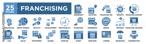 Franchising icon collection set. Containing design business, franchise, marketing, retail, management, store, investment	
