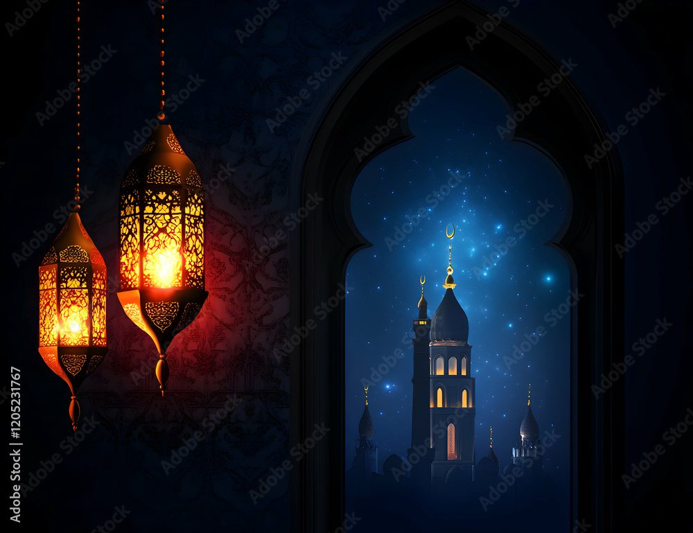 Fototapeta premium Ramadan Night: Mosque Silhouette under Starlit Sky Viewed through Ornate Archway with Hanging Lanterns