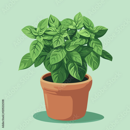 Flat design of a tulsi (holy basil) plant in a decorative pot, vibrant green leaves with a modern, soothing aesthetic
