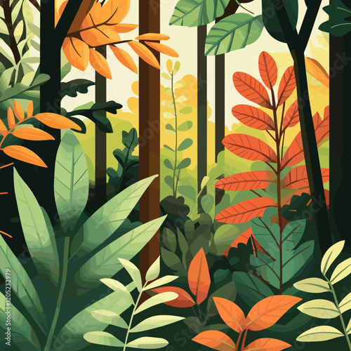 Flat design of an Ayurvedic forest scene, vibrant greens and browns with clean shading.