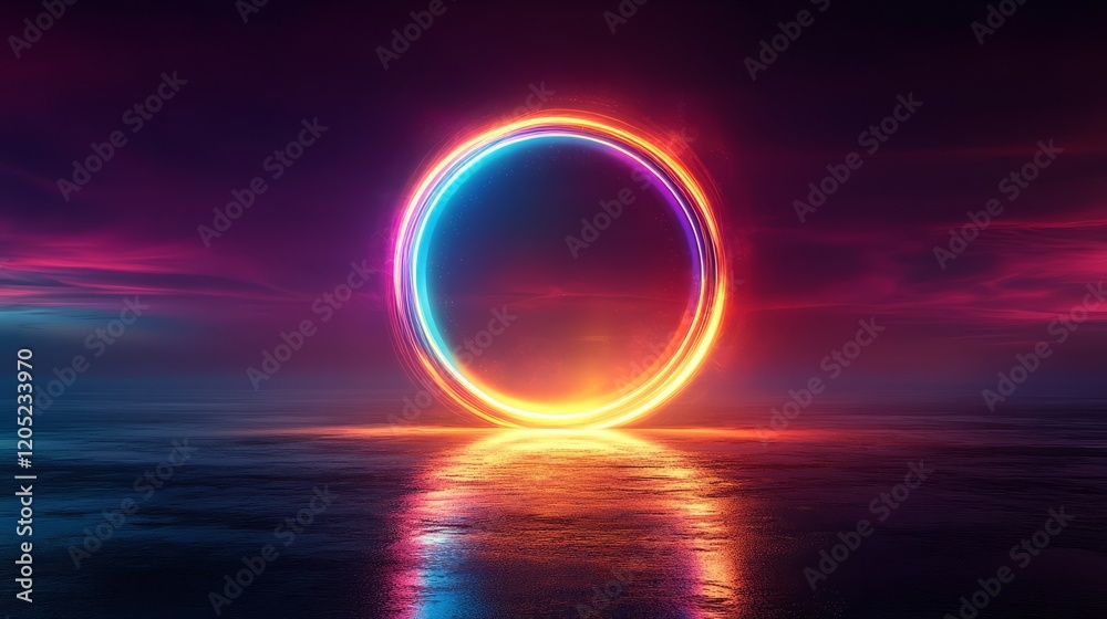 Obraz premium Abstract 3D circle glowing in vibrant hues on a sleek black backdrop