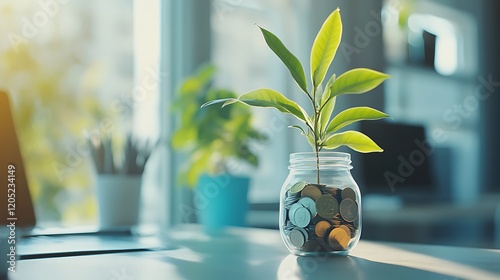 A healthy green plant emerging from a jar of coins placed on a desk representing financial growth