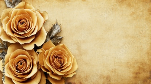 A vintage-style background featuring three golden roses with a textured beige backdrop.