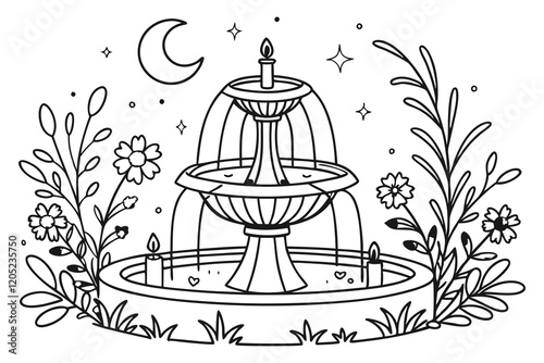 A glowing heart-shaped fountain surrounded by flowers and candles at night. white background E.eps