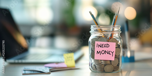 i need money concept of debt loan economic bankruptcy crisis with jar filled with coins