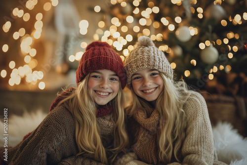 Young pretty blonde girl with friend in winter clothes photo