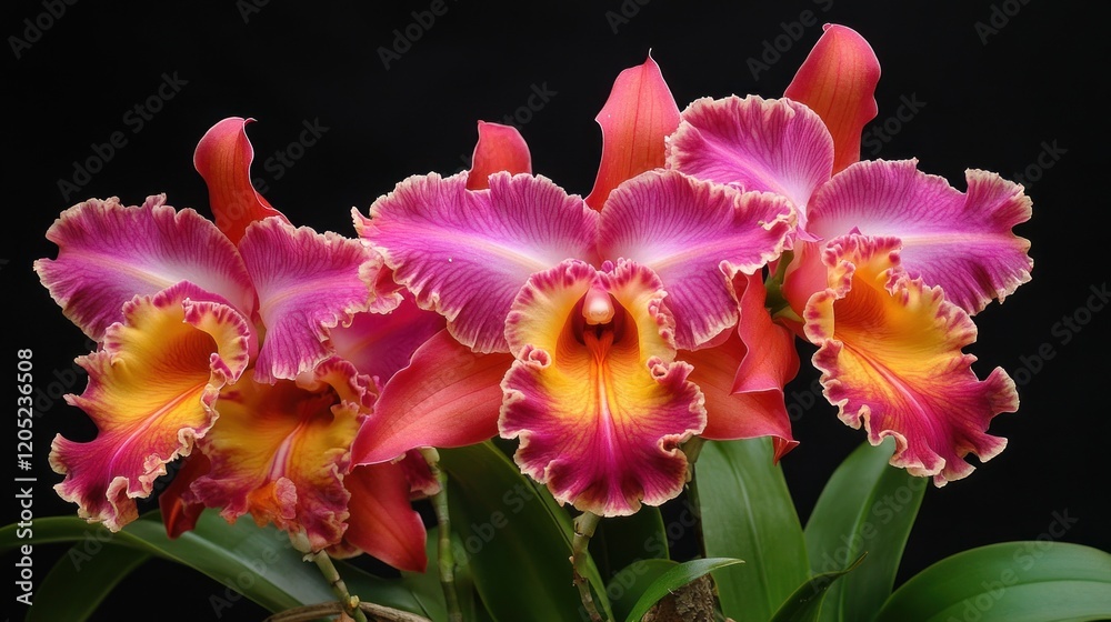 Fototapeta premium Three vibrant pink and orange Cattleya orchids with ruffled petals against a black background.