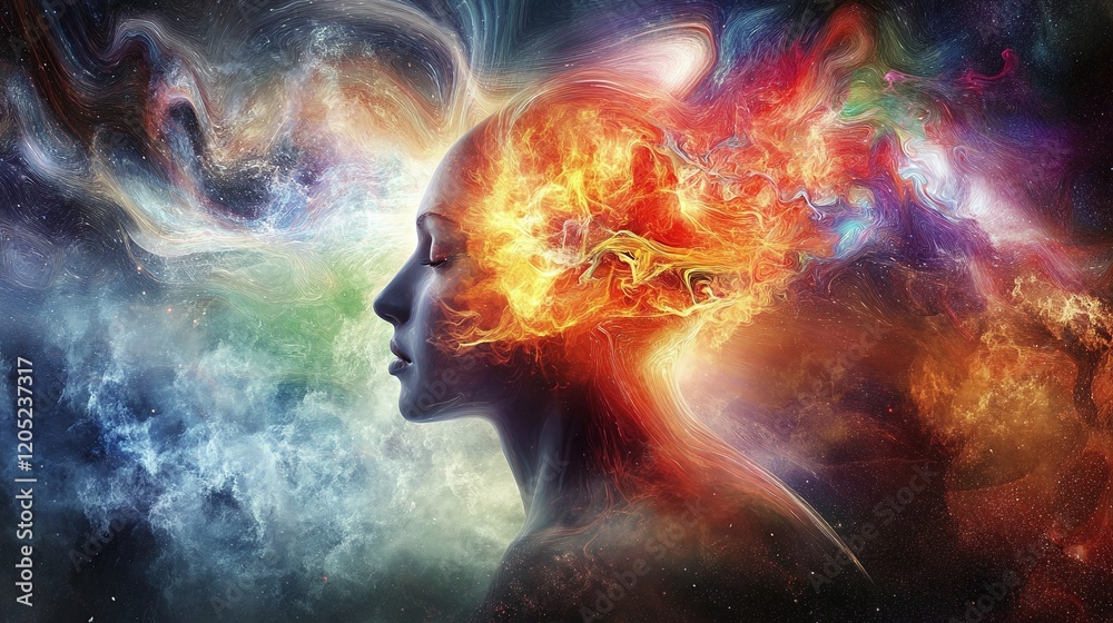 An abstract representation of a human surrounded by fiery energy streams symbolizing passion and vitality. An abstract representation of a human surrounded by fiery energy streams symbolizing passion and vitality.