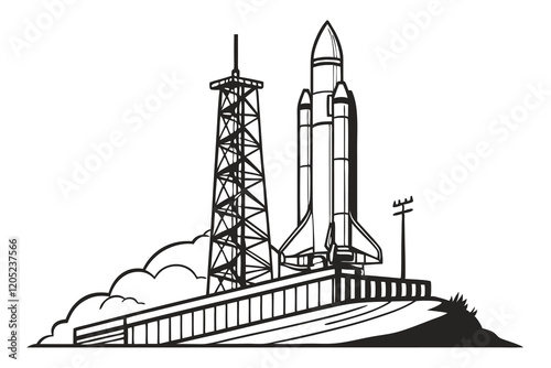 black color line art Rocket Launch isolated silhouette vector illustration on white background B.eps