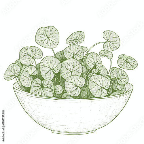 Intricate line art of brahmi leaves in a bowl, styled with fine details in soothing greens.
