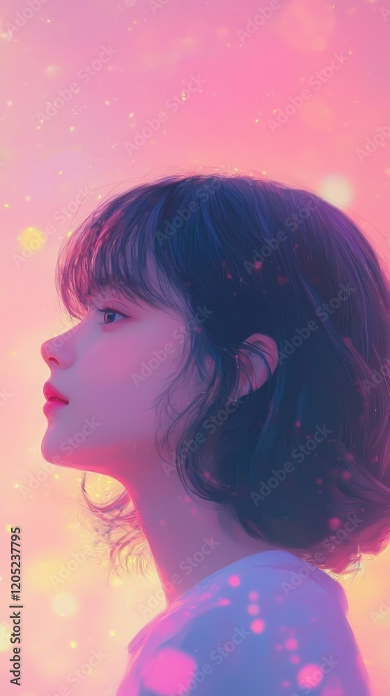 Pensive young woman gazes upward in pastel bokeh dreams, Generated AI Pensive young woman gazes upward in pastel bokeh dreams, Generated AI