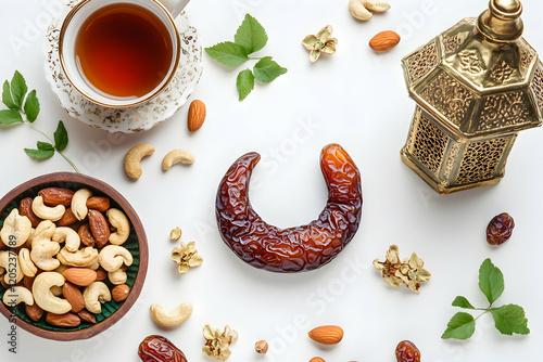 Ramadan Festive Treats: Dates, Nuts, Tea, and Lantern photo