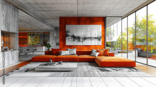 A mesmerizing image that transitions seamlessly from a vibrant color photograph to a finely detailed pencil drawing of a modern living room. Generative AI photo