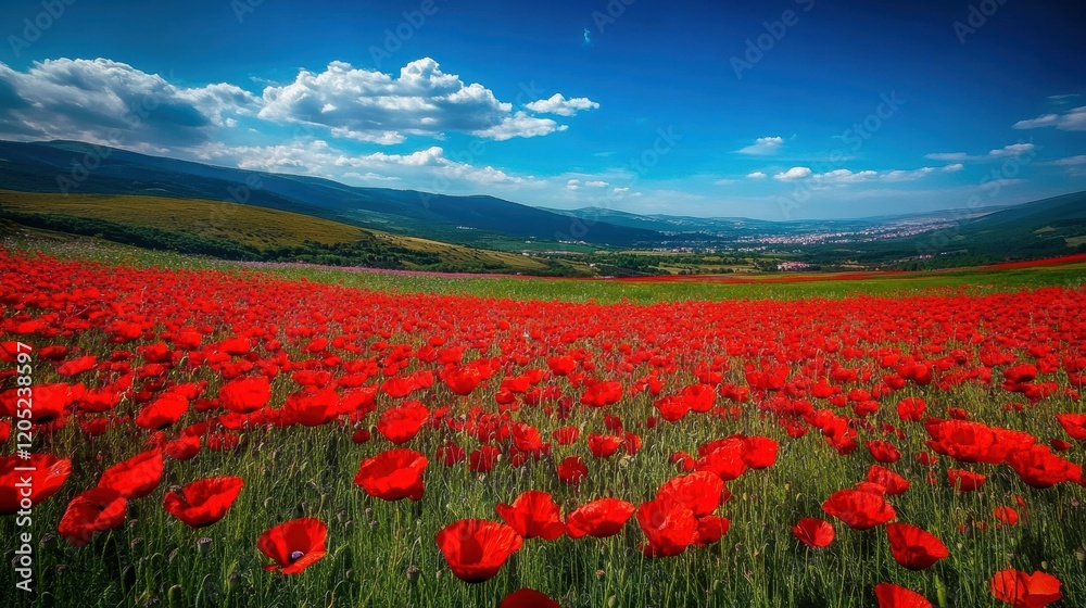 Vibrant poppy field in full bloom under a clear blue sky near a scenic valley. Generative AI Vibrant poppy field in full bloom under a clear blue sky near a scenic valley. Generative AI