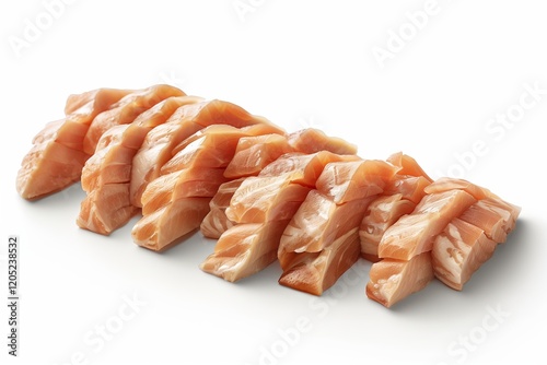 Freshly sliced raw salmon arranged elegantly on a white background. photo