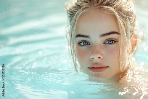 Young pretty blonde woman inside a pool