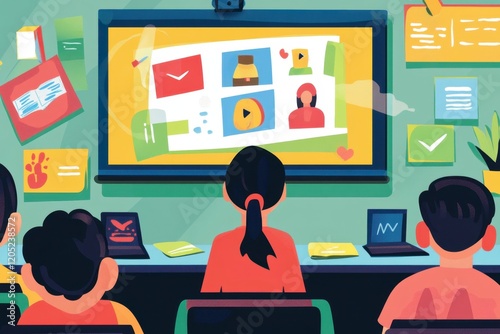 A school classroom with a teacher presenting a slideshow about the impact of abusive online behavior
