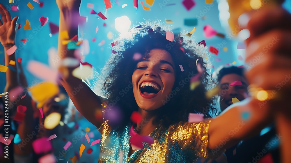 Brightly colored confetti swirling in midair during a celebration Brightly colored confetti swirling in midair during a celebration