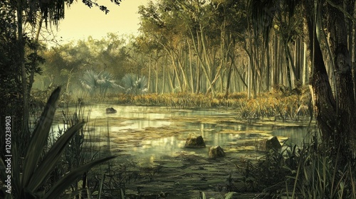 Swamp dinosaurs sunrise tranquil forest background game
