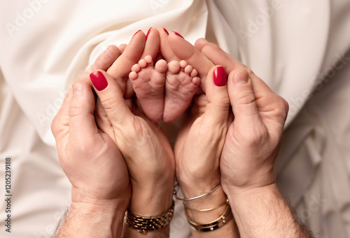 Children's feet in the arms of their parents. On a white background.	